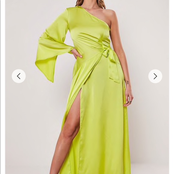 Missguided Dresses & Skirts - Missguided One-Shoulder Lime Satin Gown